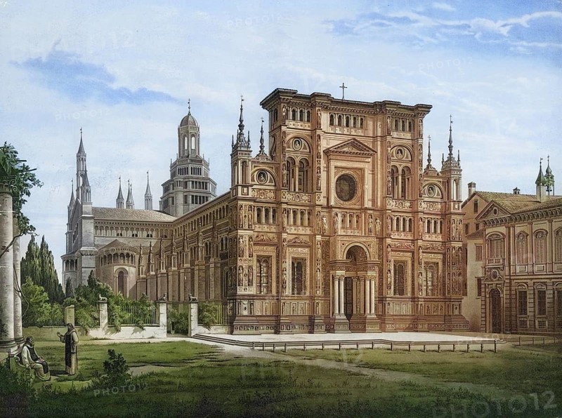 The Certosa di Pavia is a monastery originally built for the Carthusian Order in the municipality of Certosa di Pavia in the Italian province of Pavia, Lombardy region, Italy, authentic reproduction of a school mural, historic, around 1900