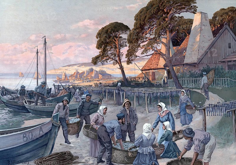Fishing village on the Baltic Sea, fishermen bringing their catch ashore, Germany, authentic reproduction of a school mural, historic, around 1900