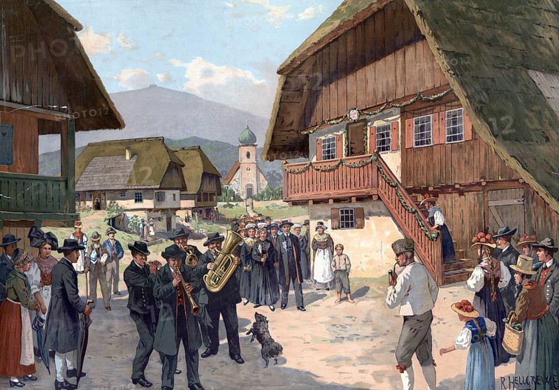 Wedding parade in the Black Forest, Germany, authentic reproduction of a school mural, historical, around 1900