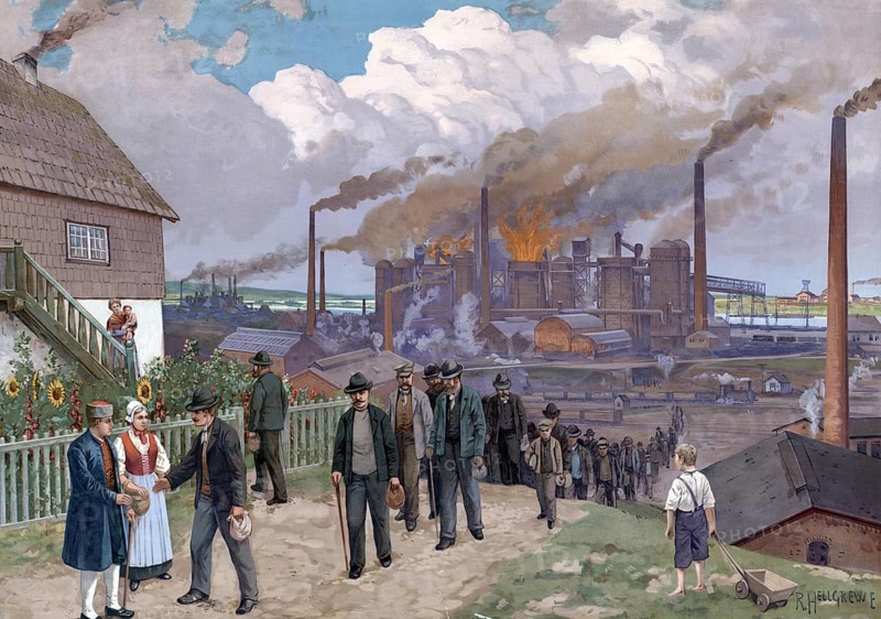 Industrial plants, workers on their way from the factory, smoking chimneys, North Rhine-Westphalia, Germany, authentic reproduction of a school mural, historic, around 1900