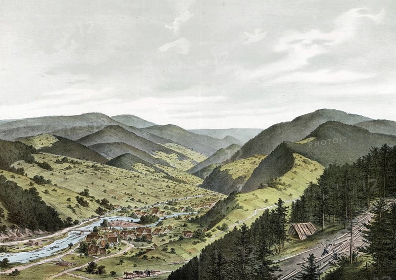 Landscape in the Black Forest, type of the Upper Rhine mountain system, Baden-WÃ¼rttemberg, Germany, authentic reproduction of a school mural, historical, around 1900