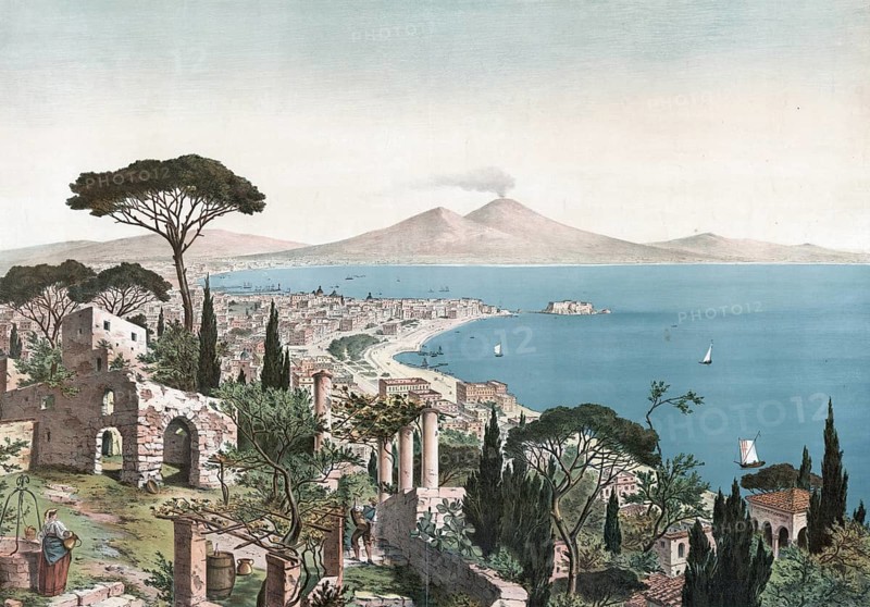 Gulf of Naples and Mount Vesuvius, Campania, Italy, authentic reproduction of a school mural, historic, around 1900