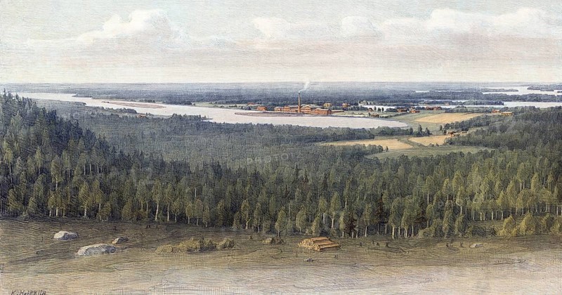 Timber industry in MÃ¤nttÃ¤, forest industry, forest and sawmills, Finland, authentic reproduction of a school mural, historical, around 1900