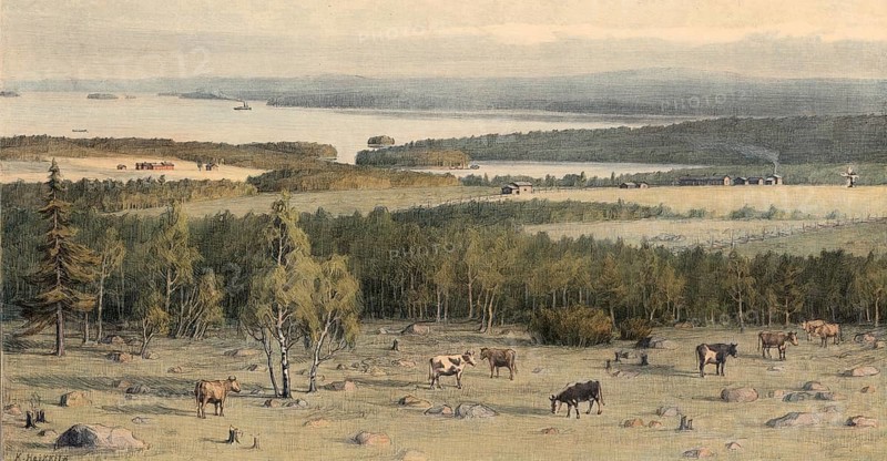 Savolax, Savo, Savolaine countryside known for its lake-rich nature and hilly, wooded areas. It is characterized by a harmonious mix of forests, fields, lakes with islands and traditional rural buildings, Finland, authentic reproduction of a school mural, historic, around 1900