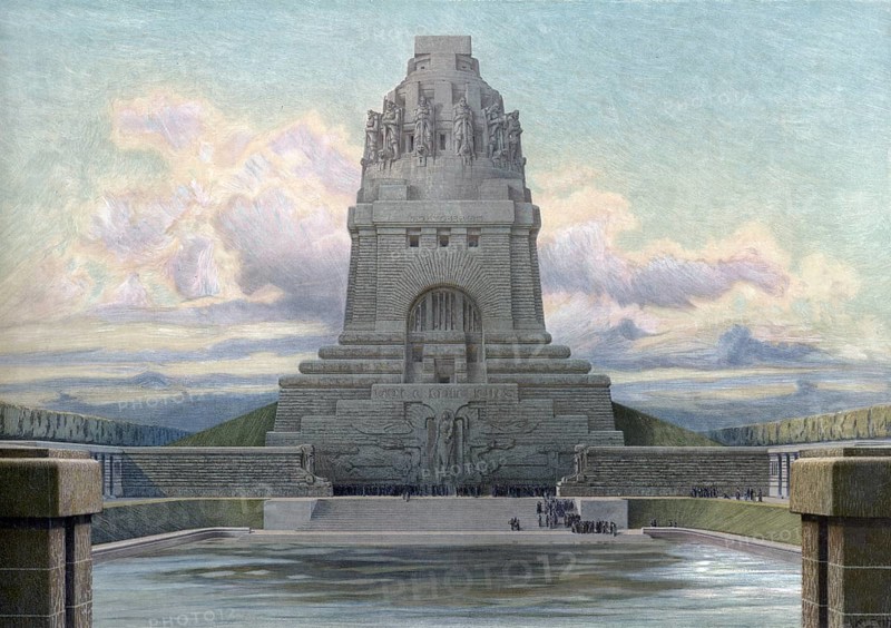 Monument to the Battle of Nations, one of Leipzig's most famous landmarks and Europe's highest monument with a height of 91 meters, Saxony, Germany, authentic reproduction of a school mural, historic, around 1900