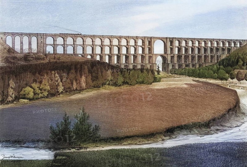 GÃ¶ltzsch Valley Bridge, railway bridge in the Vogtlandkreis district of Saxony. It is the largest brick bridge in the world, Saxony, Germany, authentic reproduction of a school mural, historic, around 1900