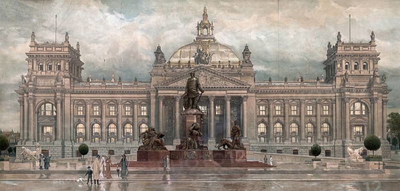 Reichstag building in Berlin, Germany, authentic reproduction of a school mural, historic, around 1900