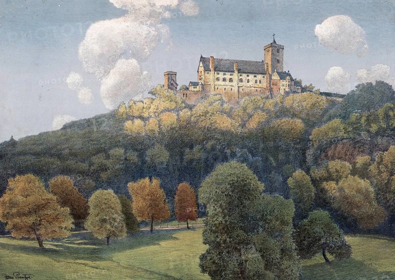 Wartburg, castle near Eisenach, in the northwestern Thuringian Forest in Thuringia, Germany, authentic reproduction of a school wall painting, historic, around 1900