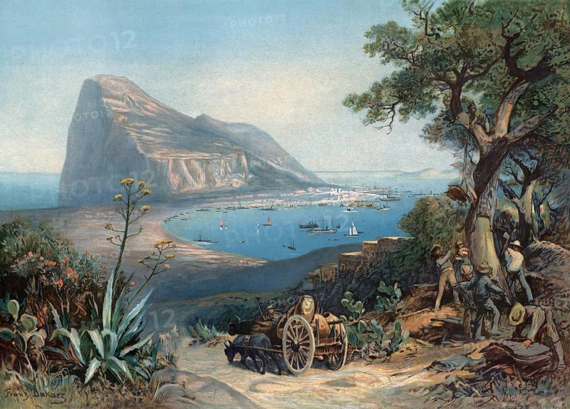 Gibraltar, seen from the mainland, in the foreground farmer with cart, authentic reproduction of a school mural, historic, around 1900