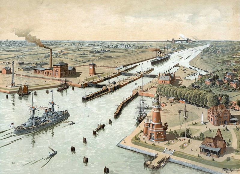 Kaiser Wilhelm Canal, Kiel Canal connects the North Sea with the Baltic Sea, Germany, authentic reproduction of a school mural, historic, around 1900