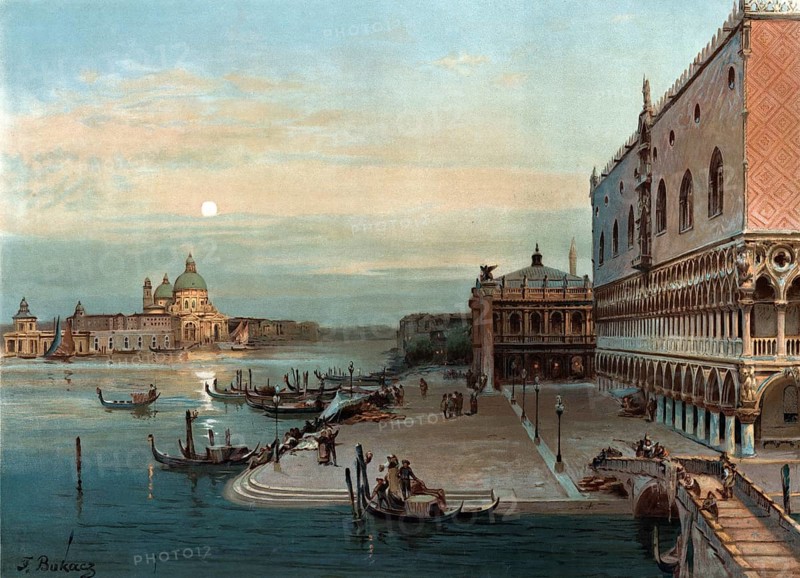 Evening in Venice, Veneto, Italy, authentic reproduction of a school mural, historical, around 1900
