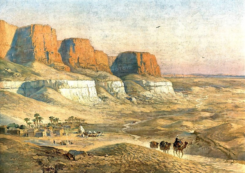 Bedouin with camels in the Sahara desert, Algeria, authentic reproduction of a school mural, historic, around 1900