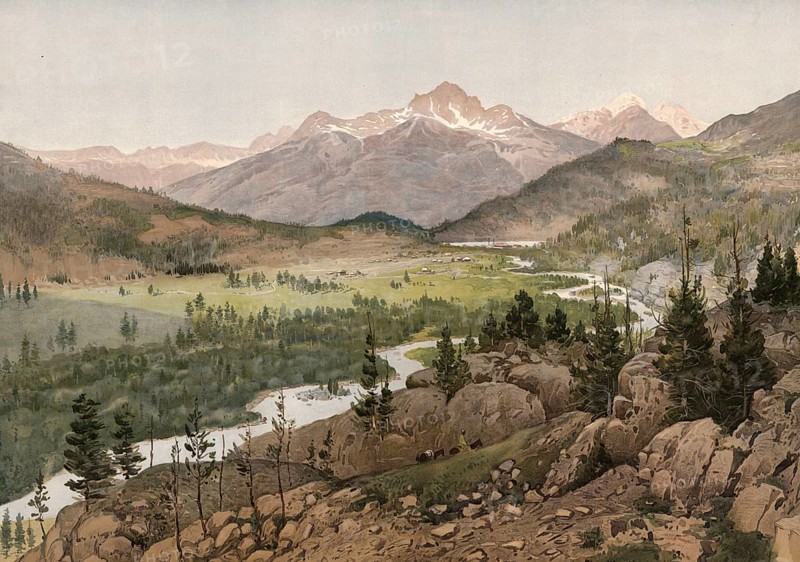 Landscape in Altai, Altaigebrige, Central Asian high mountains in the border region of Kazakhstan, Russia, authentic reproduction of a school mural, historical, around 1900