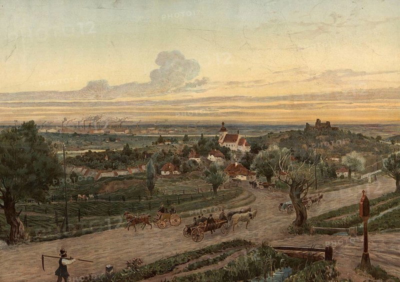 Rural scene in Poland, village and agriculture, authentic reproduction of a school mural, historical, around 1900