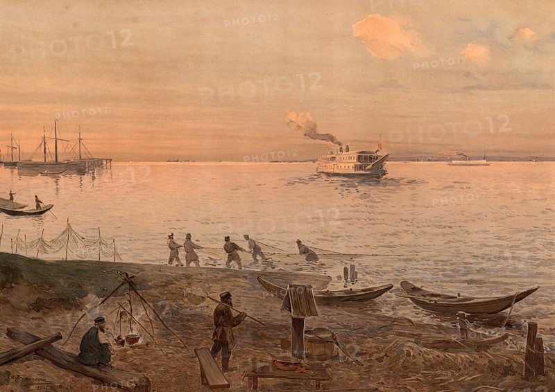 Scene on the Volga with fishermen and fishing boats, evening mood, Russia, authentic reproduction of a school mural, historical, around 1900