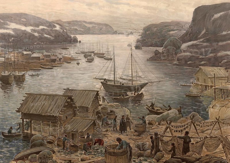 Murman Coast, northern coastal strip of the Kola Peninsula bordering the Barents Sea, near Murmansk, Russia, authentic reproduction of a school mural, historic, around 1900