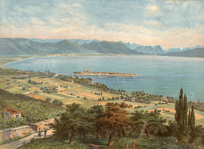 Lake Constance near Lindau, Bavaria, Germany, authentic reproduction of a school mural, historical, around 1900