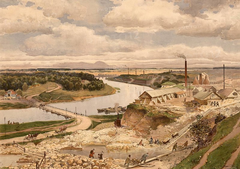 Moscow district, Moskovskaya oblast, the surrounding region, industrial region, oblast, around the city of Moscow, Russia, authentic reproduction of a school mural, historical, around 1900