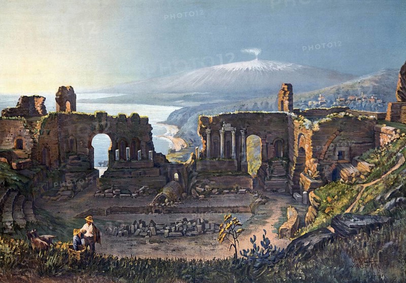 Taormina, Teatro Antico di Taormina, an ancient Greco-Roman theatre, in the background of Mount Etna, Sicily, Italy, authentic reproduction of a school mural, historical, around 1900