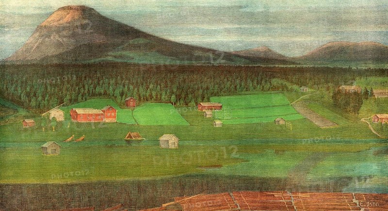 Aavasaksa, a 242 m high mountain in northern Finland. It is located in the municipality of Ylitornio in the province of Lapland, a few kilometers south of the Arctic Circle, authentic reproduction of a school mural, historic, around 1900