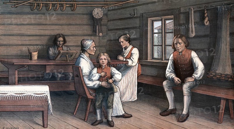Moment of dedication with praying and reading the Bible, farmhouse, family scene from Finland, around 1900, authentic reproduction of a school mural, historic