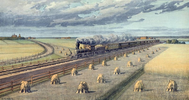 South Ostrobothnia, one of Finland's 19 landscapes. The landscape comprises the southern, Finnish-speaking interior of the historic landscape of Ostrobothnia, railroad and grain harvest, authentic reproduction of a school mural, historic, around 1900