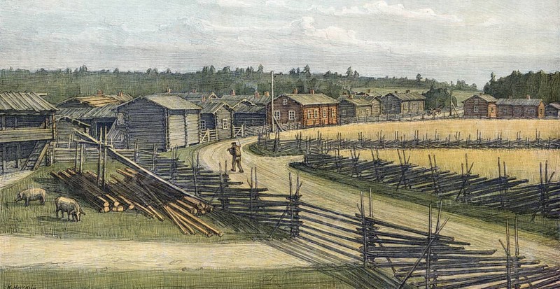 HÃ¤mÃ¤lÃ¤inen kylÃ¤l, village in the historic province of HÃ¤me, which comprises today's Kanta-HÃ¤me, PÃ¤ijÃ¤t-HÃ¤me and parts of other regions, timber industry, sawmill, Finland, authentic reproduction of a school mural, historic, around 1900