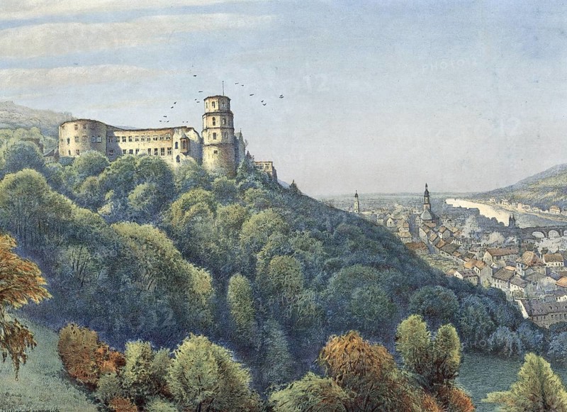 Heidelberg, city on the Neckar, Baden-WÃ¼rttemberg, Germany, authentic reproduction of a school mural, historical, around 1900