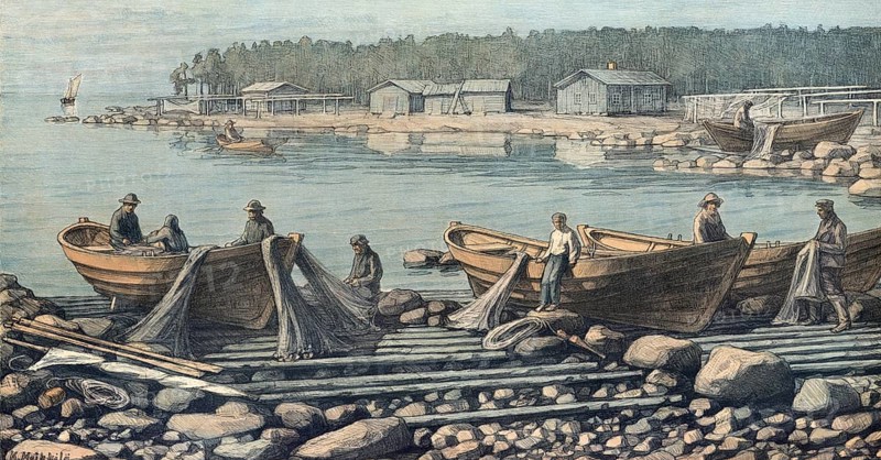 The Uusimaa archipelago, Uudenmaan saaristo, stretches along the coast of the Uusimaa region in southern Finland, fishing boats and fishermen, authentic reproduction of a school mural, historic, around 1900