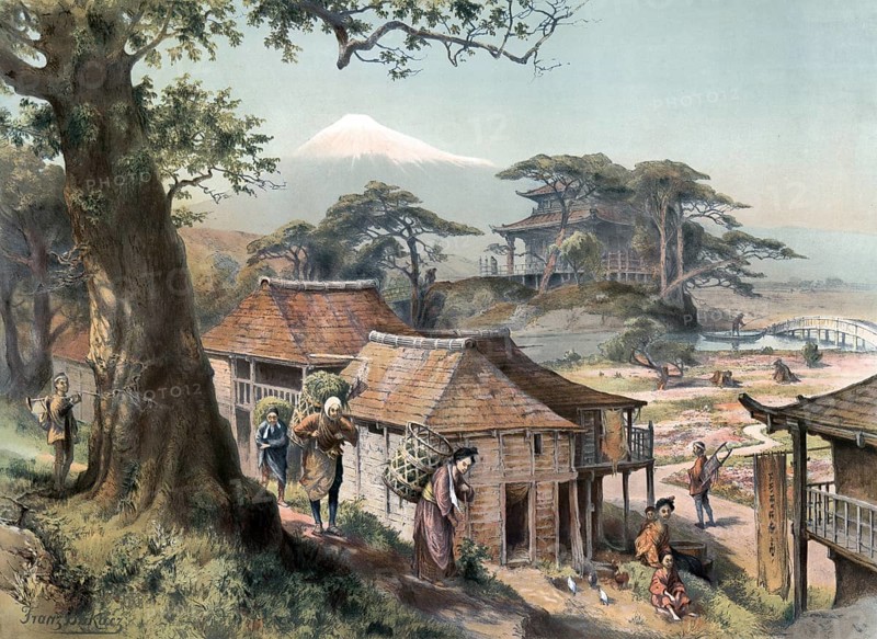 Village scene with people in Japan, authentic reproduction of a school mural, historic, around 1900, traditional Japanese village with houses and people surrounded by nature and a mountain in the background