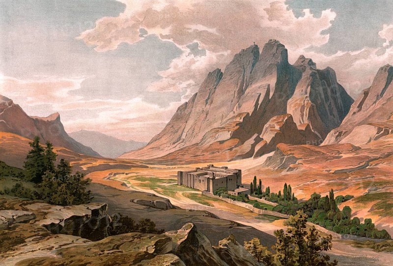 St. Catherine's Monastery and Mount Sinai, Egypt, authentic reproduction of a school mural, historic, around 1900