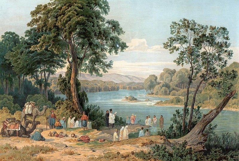 People on the Jordan River, baptism of adults in the river, Middle East, Israel, authentic reproduction of a school mural, historic, around 1900