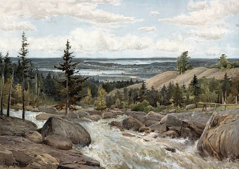 Typical landscape in Finland on the river Tana, authentic reproduction of a school mural, historical, around 1900