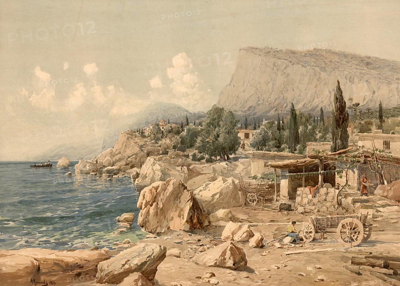 Black Sea coast, Crimean peninsula, Russia, authentic reproduction of a school mural, historical, around 1900, Mediterranean coast with rocks, small huts and a picturesque mountain in the background