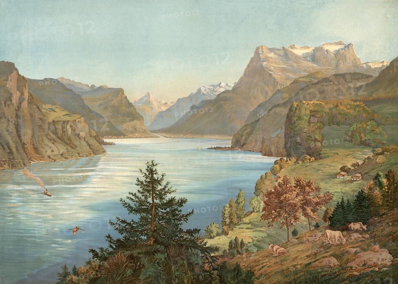 Lake Lucerne, Switzerland, authentic reproduction of a school mural, historic, around 1900, a peaceful mountain lake with surrounding alpine landscapes and occasional boats on the water