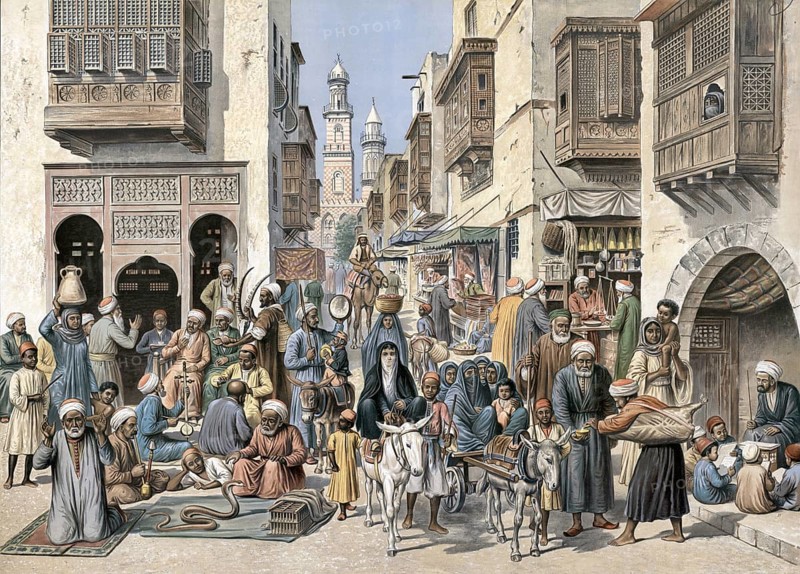 Street life with traders and artisans in Cairo, Egypt, authentic reproduction of a school mural, historic, around 1900