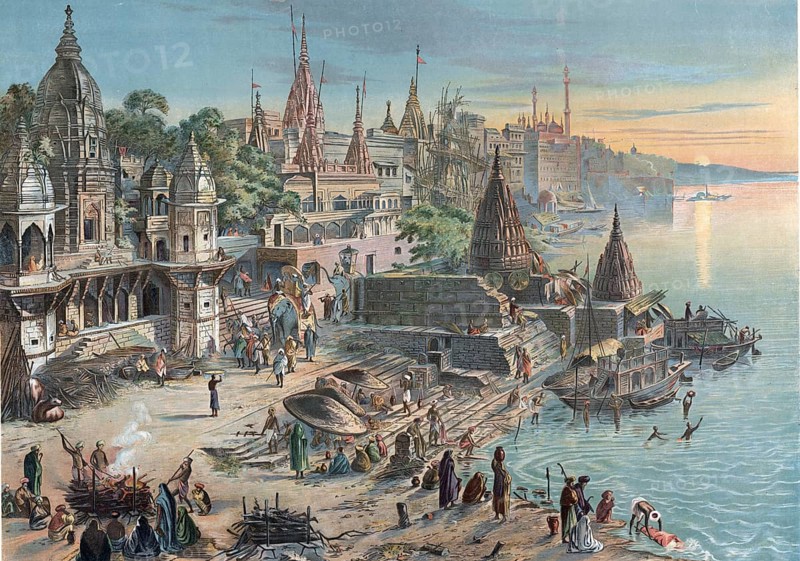 Ghats in Varanasi, formerly Benares, Ganges, India, authentic reproduction of a school mural, historic, around 1900