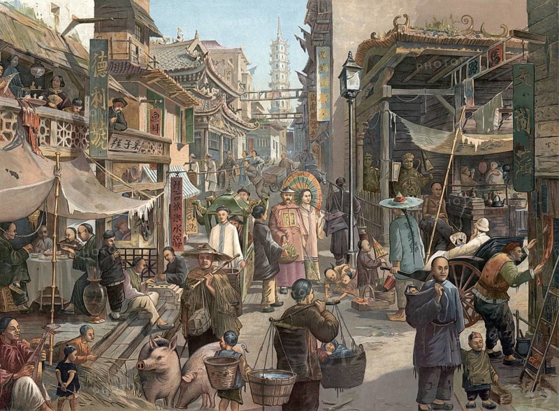 Street life with traders and artisans in a Chinese city, Canton, China, authentic reproduction of a school mural, historic, around 1900
