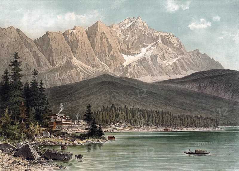 Zugspitze mountain with Eibsee lake, Alps, Bavaria, Germany, authentic reproduction of a school mural, historic, around 1900, mountain lake with calm water surrounded by forests and mountains