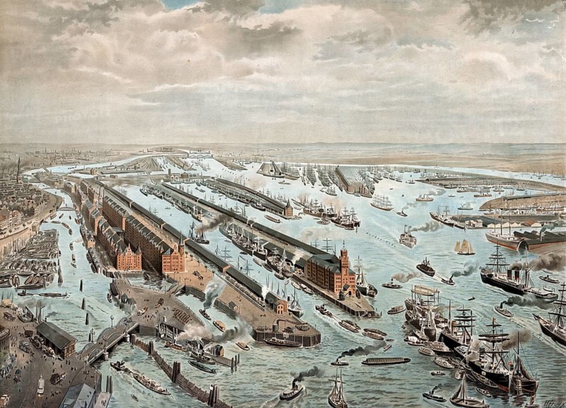 Port in Hamburg, Hamburger Hafen overview, North Sea, Germany, authentic reproduction of a school mural, historic, around 1900, busy harbor with many ships and extensive port facilities