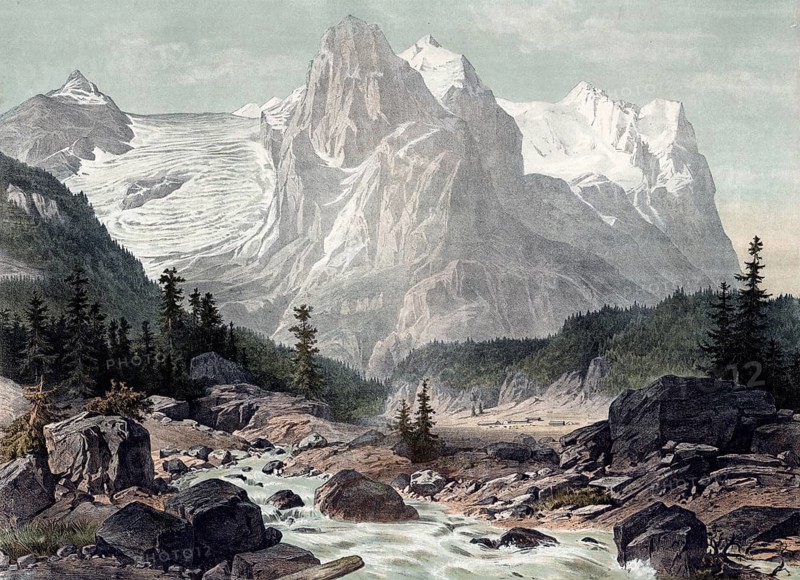 Wellhorn, mountain in the Bernese Alps and Wetterhorn, Bernese Oberland, Switzerland, authentic reproduction of a school mural, historic, around 1900, idyllic mountain landscape with glacier, river and rocks