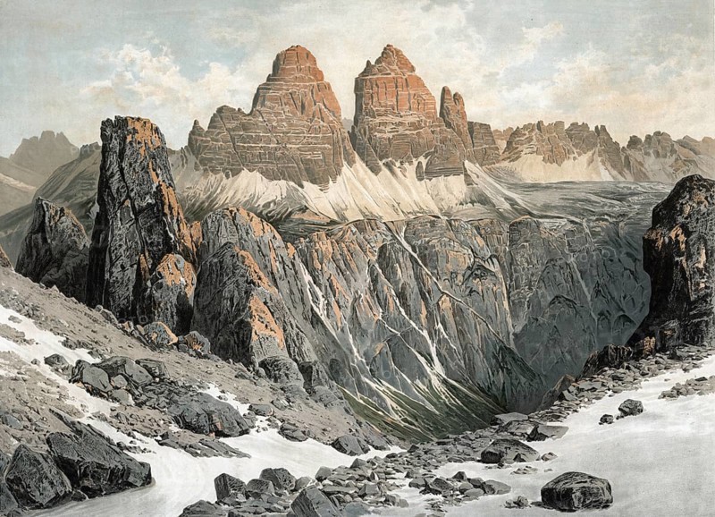 The Three Peaks, mountain group of the Dolomites, South Tyrol, Italy, authentic reproduction of a school mural, historic, around 1900, imposing Dolomite peaks surrounded by rough, rocky terrain