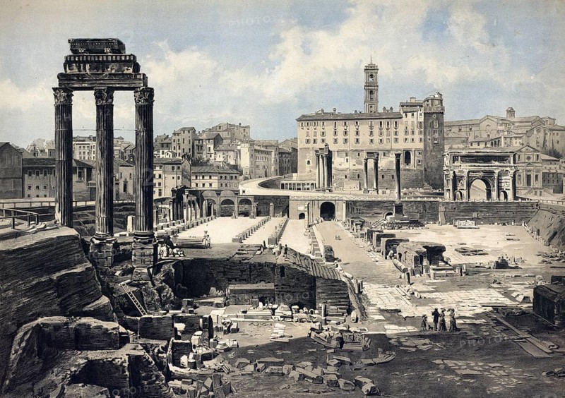 The forum in Rome. Italy, authentic reproduction of a school mural, historic, around 1900, historical ruins with ancient columns in an urban excavation site