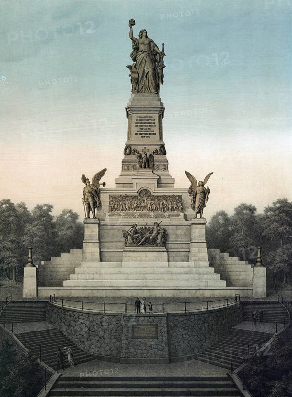 Niederwald monument from 1871, on the edge of the Niederwald Landscape Park above the city of RÃ¼desheim am Rhein, Germany, authentic reproduction of a school mural, historic, around 1900, imposing monument with impressive statue flanked by guardian figures