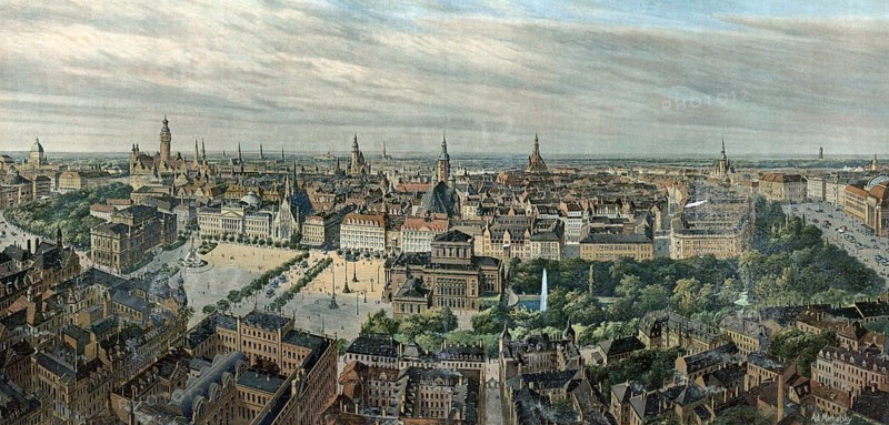 Panorama of Leipzig, Saxony, Germany, authentic reproduction of a school mural, historic, around 1900, panoramic view of a historic city with ancient architecture, large squares and green trees under cloudy sky