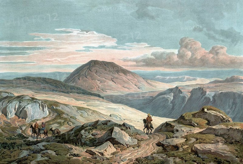Mount Tabor, 588 m high mountain on the eastern edge of the JezreÊ¿el plain in Galilee in northern Israel, authentic reproduction of a school mural, historic, around 1900
