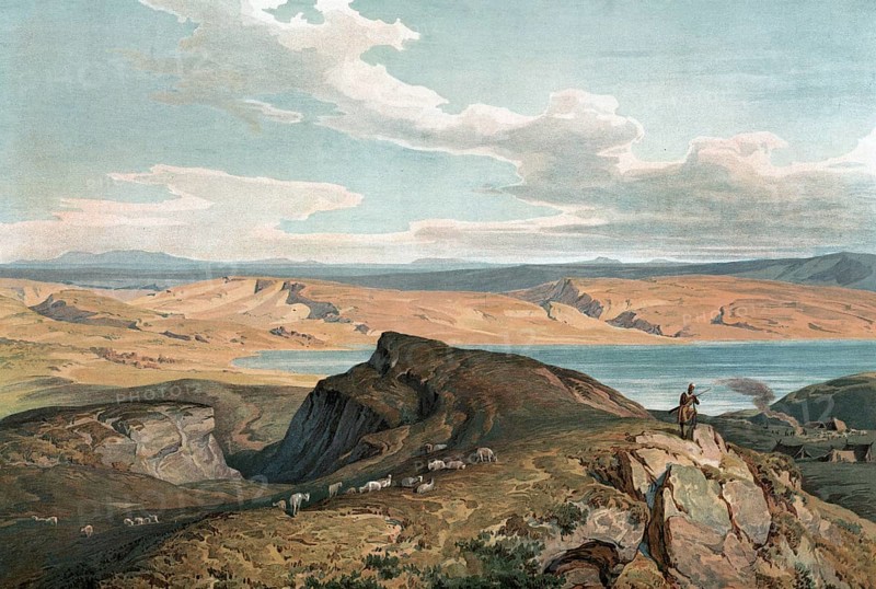 Mountain of Beatitudes, Mountain of Beatitudes, is an elevation on the northern edge of the Sea of Galilee in northern Israel, authentic reproduction of a school mural, historic, around 1900