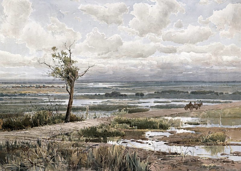 Landscape in Polesia, also Polessia or Podlesia, a historical landscape in Poland, Belarus, Ukraine and Russia, authentic reproduction of a school mural, historical, around 1900