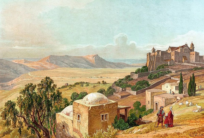 The Shepherd's Field and the Church of the Nativity, church in Bethlehem built over the presumed birthplace of Jesus Christ, authentic reproduction of a school mural, historic, around 1900