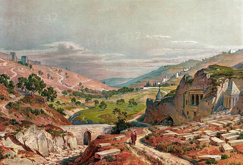 Josaphat Tal, today Kidron Valley, Wadi al-Jawz or Wadi el-Joz, a valley that separates the Temple Mount and the Old City of Jerusalem in the west and the Mount of Olives in the east and Gethsemane, Gethsemane, a scene of the Passion story of Jesus on the western slope of the Mount of Olives, authentic reproduction of a school mural, historical, around 1900